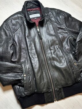 Marc New York Black Leather Bomber Jacket with Burgundy Lining